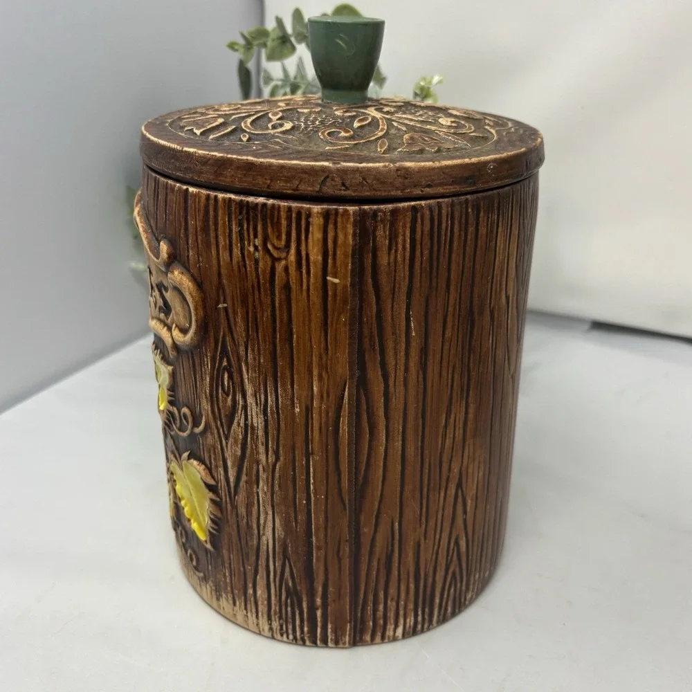 Treasure Craft Cookie Jar Yellow Apples Wooden Barrel Leaves 8